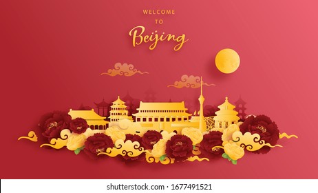 Beijing, China World Famous Landmark In Gold And Red Background. Paper Cut Vector Illustration.