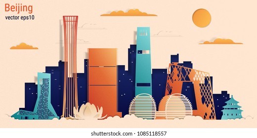 Beijing city colorful paper cut style, vector stock illustration. Cityscape with all famous buildings. Skyline Beijing city composition for design