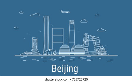 Ciudad de Beijing, ilustración de Line Art Vector con todos los edificios famosos. Banner lineal con Showplace. Composición de edificios modernos, Cityscape. Edificios de Pekín