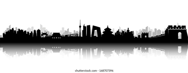 Beijing City Skyline Black and white Silhouette vector artwork