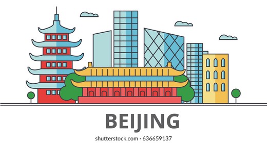 Beijing city skyline. Buildings, streets, silhouette, architecture, landscape, panorama, landmarks. Editable strokes. Flat design line vector illustration concept. Isolated icons on white background