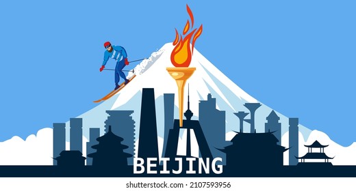 Beijing city skyline, silhouette, torch with flame, symbol sport games, skier. Winter mountaine landscape background. Vector illustration