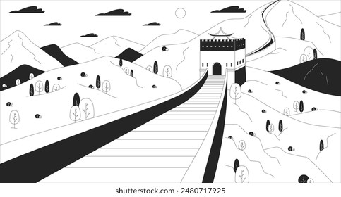 Beijing Great Wall of China black and white line illustration. Chinese picturesque landscape 2D landmark monochrome background. Stone fortification with watchtower outline scene vector image