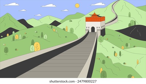 Beijing Great Wall of China cartoon flat illustration. Chinese picturesque landscape 2D line landmark colorful background. Stone fortification with watchtower scene vector storytelling image