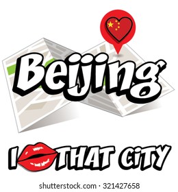 Beijing. I Love That City. Vector Illustration with country flag.