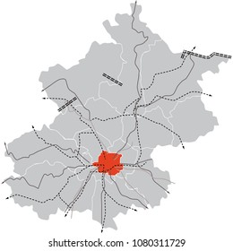 Beijing (People's Republic of China) and Beijing Municipality roads and directions vector map