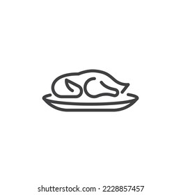 Icono de la línea de pato asado de Pekín. signo de estilo lineal para concepto móvil y diseño web. Turquía asado en el icono vector de contorno de la bandeja. Símbolo, ilustración del logotipo. Gráficos vectoriales