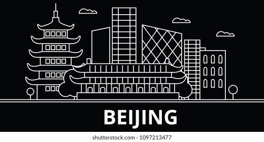 Beijing silhouette skyline. China - Beijing vector city, chinese linear architecture, buildings. Beijing travel illustration, outline landmarks. China flat icons, chinese line banner