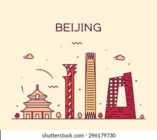 Beijing skyline, detailed silhouette. Trendy vector illustration, linear style.