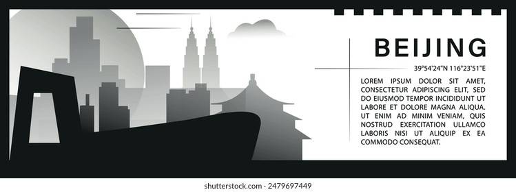 Anuncio de Vector del horizonte de Beijing, silueta minimalista del paisaje urbano en blanco y negro. Gráfico Horizontal de la ciudad de China, infografía de viaje, diseño monocromo para el Sitio web