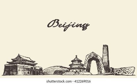 Beijing skyline, vintage vector engraved illustration, hand drawn, sketch