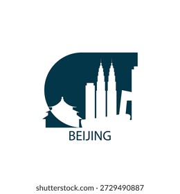 Beijing vector icon with skyline, panoramic view, outlook shape. China city landmarks logo concept. Flat isolated graphic, badge