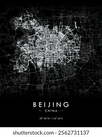 Beijing vector map in black. Detailed map of Beijing in China. Best free vector illustration. Tourist decorative street map.