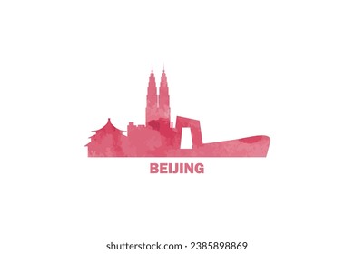 Beijing watercolor cityscape skyline city panorama vector flat modern logo, icon. China emblem concept with landmarks and building silhouettes. Isolated graphic