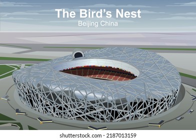 Beijing,China -08062022:The Bird's Nest Stadium At Beijing In China Vector Illustration Vintage,travel Or Retro Poster Design.Football Stadium Vector Poster Design. Football Stadium Exterior Design.