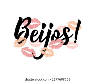 Beijos. Lettering. Translation from Portuguese - Kisses. Modern vector brush calligraphy. Ink illustration