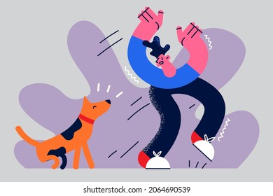 Being afraid of dogs concept. Young stressed man boy cartoon character running from dog feeling scared vector illustration 