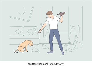 Being angry at pet concept. Young angry aggressive man cartoon character standing shouting at guilty dog eaten his shoe vector illustration 