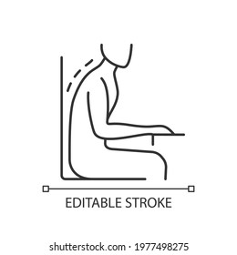 Being bent over desk linear icon. Pushing neck and head forward. Suffering from backache. Thin line customizable illustration. Contour symbol. Vector isolated outline drawing. Editable stroke
