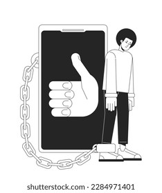 Estar encadenada a la ilustración de punto vectorial por concepto de smartphone en blanco y negro. Caricatura 2D monocroma plana editable para diseño web. Idea de arte de línea de adicción al teléfono para sitio web, móvil, blog