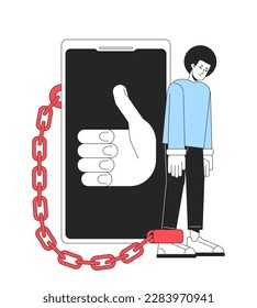 Being chained to smartphone line concept vector spot illustration. Editable 2D flat colour cartoon character on white for web design. Phone addiction creative lineart idea for website, mobile, blog