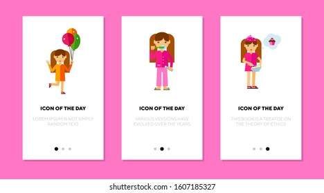 Being child flat vector icon set. Kid, activities, freedom isolated sign pack. Childhood and carelessness concept. Vector illustration symbol elements for web design and apps.