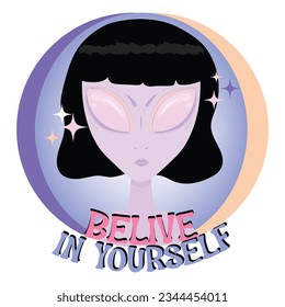 being different isnt easy. not fitting anywhere, until one day you realize its important to be who you are and to belive in yourself. little alien gril with big purple eyes and black wig and stars 