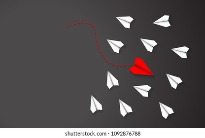 Being different of Red paper airplane concept between white paper airplane. Leadership and going in a different direction theme. Black texture illustration background vector.