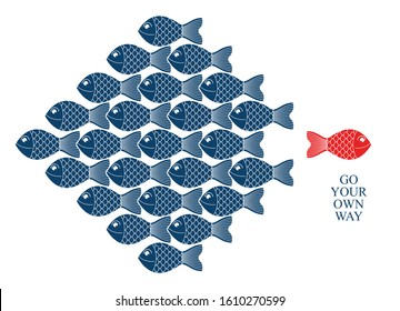 Being different or special vector concept shown with funny cartoon fishes and one is another color and swimming another direction, alternative opposition, variety.