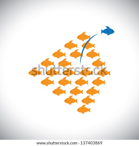 Being different, taking risky, bold move for success in life - Concept vector. The graphic of fishes also represents the concept of courage, boldness, enterprise, confidence, belief, fearless, daring