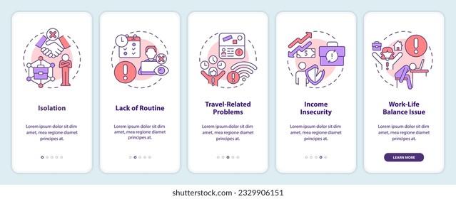 Being digital nomad cons onboarding mobile app screen. Self employed walkthrough 5 steps editable graphic instructions with linear concepts. UI, UX, GUI template. Myriad Pro-Bold, Regular fonts used