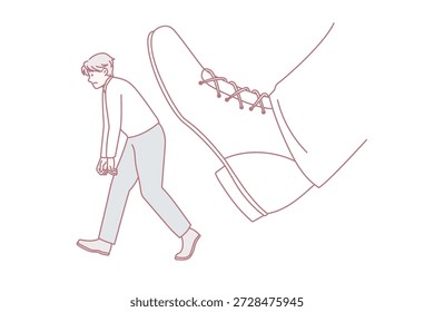 Being fired and kicked out concept. Young stressed sad man worker office manager going away with huge boot shoe kicking him out vector illustration