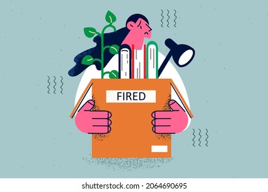 Being fired and losing job concept. Young stressed woman worker cartoon character standing holding box with belongings and lettering fired vector illustration 