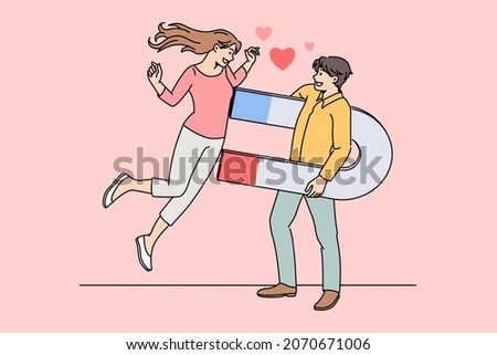 Being handsome and attractive concept. Young smiling handsome man standing and attractive pretty woman with magnet vector illustration 
