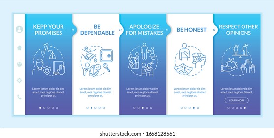Being honest onboarding vector template. Keep promises, respect people opinions, be dependable. Responsive mobile website with icons. Webpage walkthrough step screens. RGB color concept