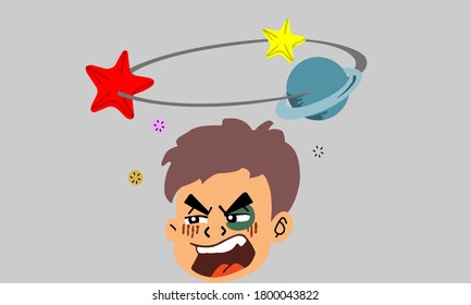 Being hurt around the eyes. Saw a star swirling around above his head. An angry face.