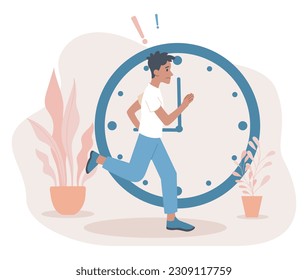 Ser un concepto tardío. Hombre delante del reloj. Gestión del tiempo deficiente y organización de un flujo de trabajo ineficiente. Empleado tratando de cumplir la fecha límite.