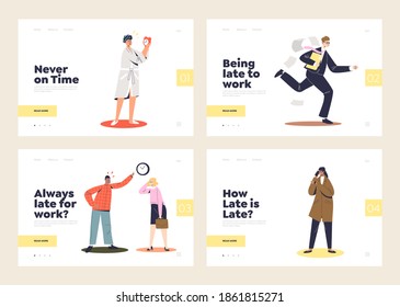 Being late concept of set of landing pages with businesspeople in hurry and late at home, running, blaming in office or waiting. Cartoon flat vector illustration