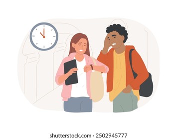 Being late isolated cartoon vector illustrations. Group of confused teens are late for lectures, educational process, college lessons, university mood, student lifestyle vector cartoon.