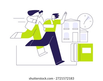 Ser Ilustraciones vectoriales de dibujos animados aislados tardíos. Grupo de adolescentes confundidos llegan tarde a las conferencias, proceso educativo, lecciones universitarias, sentimiento universitario, dibujos animados de Vector de estilo de vida estudiantil.