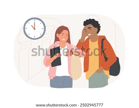 Being late isolated cartoon vector illustrations. Group of confused teens are late for lectures, educational process, college lessons, university mood, student lifestyle vector cartoon.