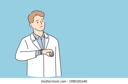 Being late and negative emotions concept. Young stressed dissatisfied man cartoon character standing looking at watch on hand feeling frustrated with being late vector illustration 