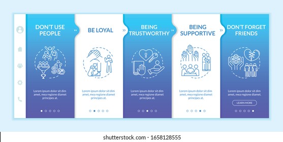 Being loyal onboarding vector template. Trustworthy, supportive, faithful friend. Personal values. Responsive mobile website with icons. Webpage walkthrough step screens. RGB color concept