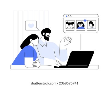 Being matched with a child abstract concept vector illustration. Future parent looking at kids photos using laptop, bureaucracy sector, orphan adoption, parenthood idea abstract metaphor.