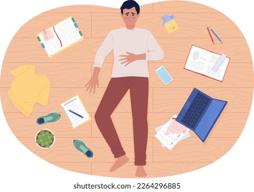 Being overwhelmed by messy house flat concept vector spot illustration. Editable 2D cartoon character on white for web design. Tired man lying on floor creative idea for website, mobile, magazine