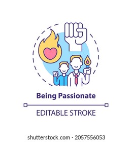 Being passionate concept icon. Corporate core value idea thin line illustration. Showing intense enthusiasm about work. Employee output. Vector isolated outline RGB color drawing. Editable stroke