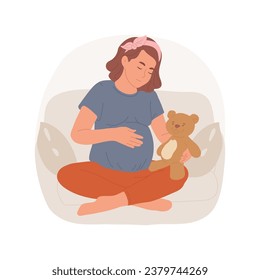 Being pregnant isolated cartoon vector illustration. Dreaming pregnant teenager sitting on sofa and holding teddy bear, girl having children early, adolescent parents vector cartoon.