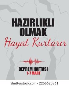 Being prepared saves lives. earthquake week 1-7 march turkish: hazırlıklı olmak, hayat kurtarır. deprem haftası 1-7 mart