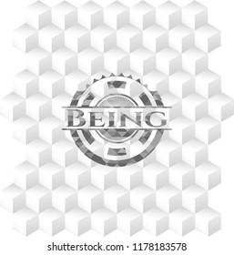 Being realistic grey emblem with geometric cube white background