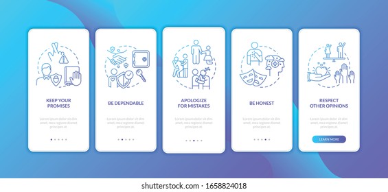 Being reliable friend onboarding mobile app page screen with concepts. Personal qualities and values walkthrough 5 steps graphic instructions. UI vector template with RGB color illustrations